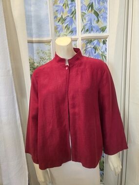 Eileen Fisher Mandarin Collar Open Front Jacket - Red Medium Silk Linen Blend